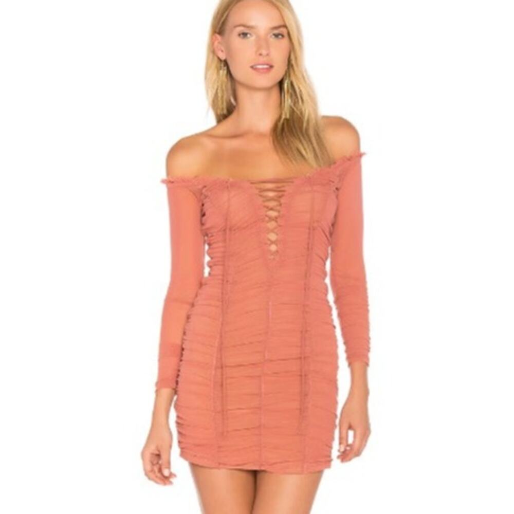 Majorelle Revolve Darling Ruched Mini Dress Blush Pink Lace Up XS Coquette Party